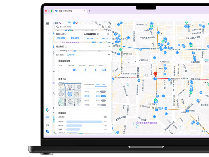 探點 TanDian Pro，智能選址第一品牌，全台最完整，搭配 AI 測單模型，為展店業者提供最合適的開店地點！